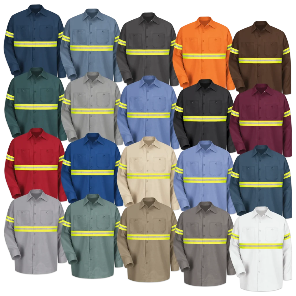 Hi Vis Long Sleeve Work Shirts Collection with highly visible green reflective tape - Professional button-up shirts for various work environments