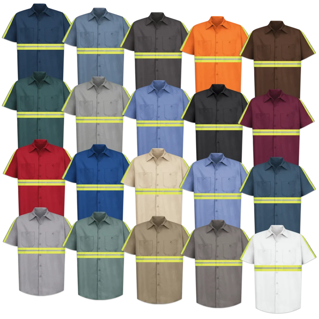 Enhanced Visibility Short Sleeve Work Shirts Collection with highly visible green reflective tape - Professional button-up shirts for various professional settings
