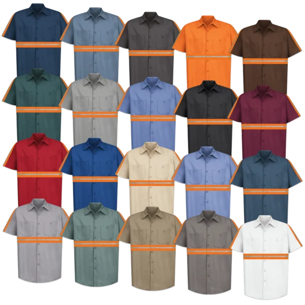 Enhanced Visibility Short Sleeve Work Shirts Collection with high contrast orange reflective tape - Professional button-up shirts for various professional settings