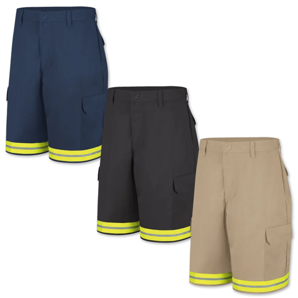 Hi Vis Cargo Work Shorts collection with highly visible green reflective tape - polyblend fabric with 12" inseam and six pockets for various work environments