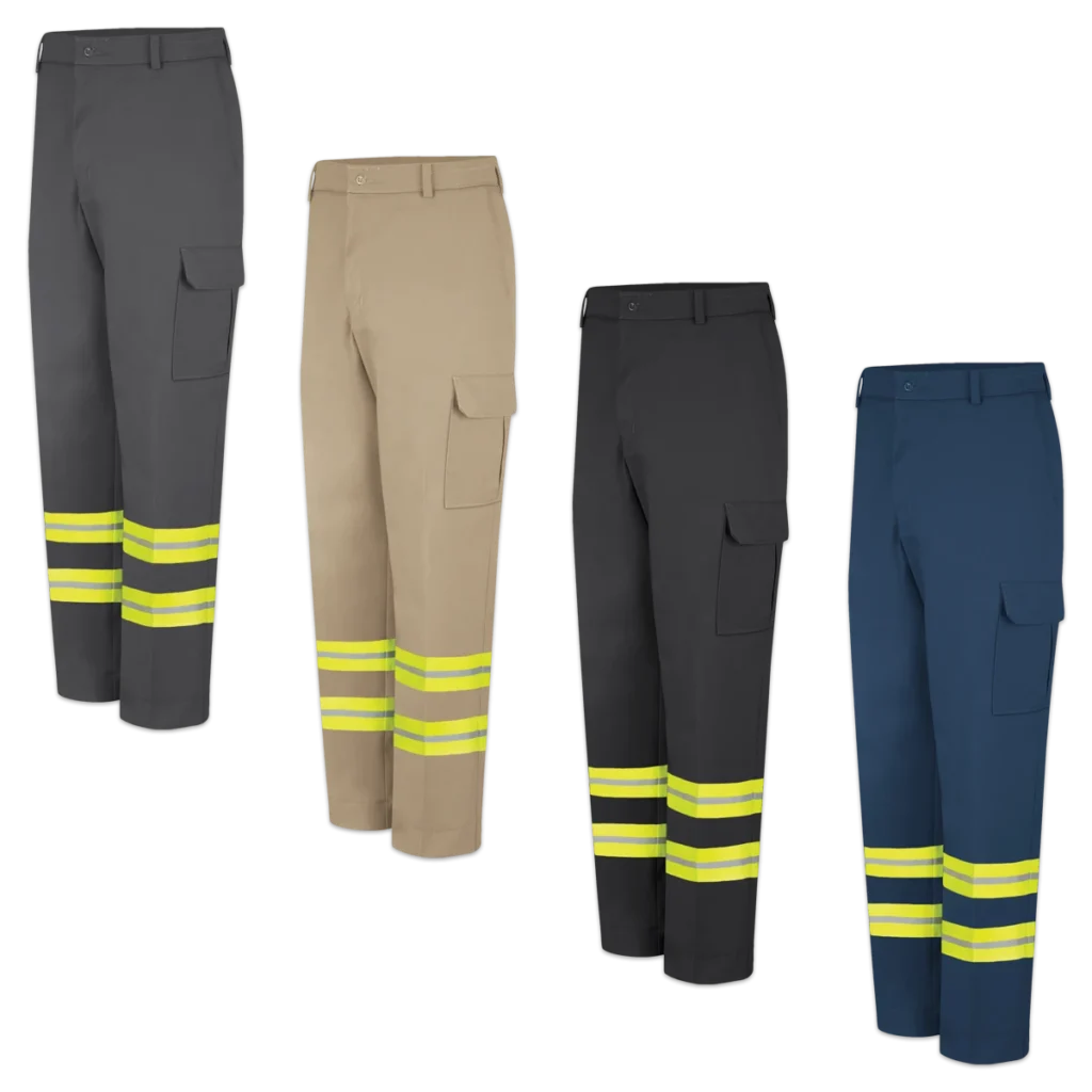 Hi Vis Cargo Pants Collection with Green Reflective Tape for Tow Truck Drivers and Outdoor Workers