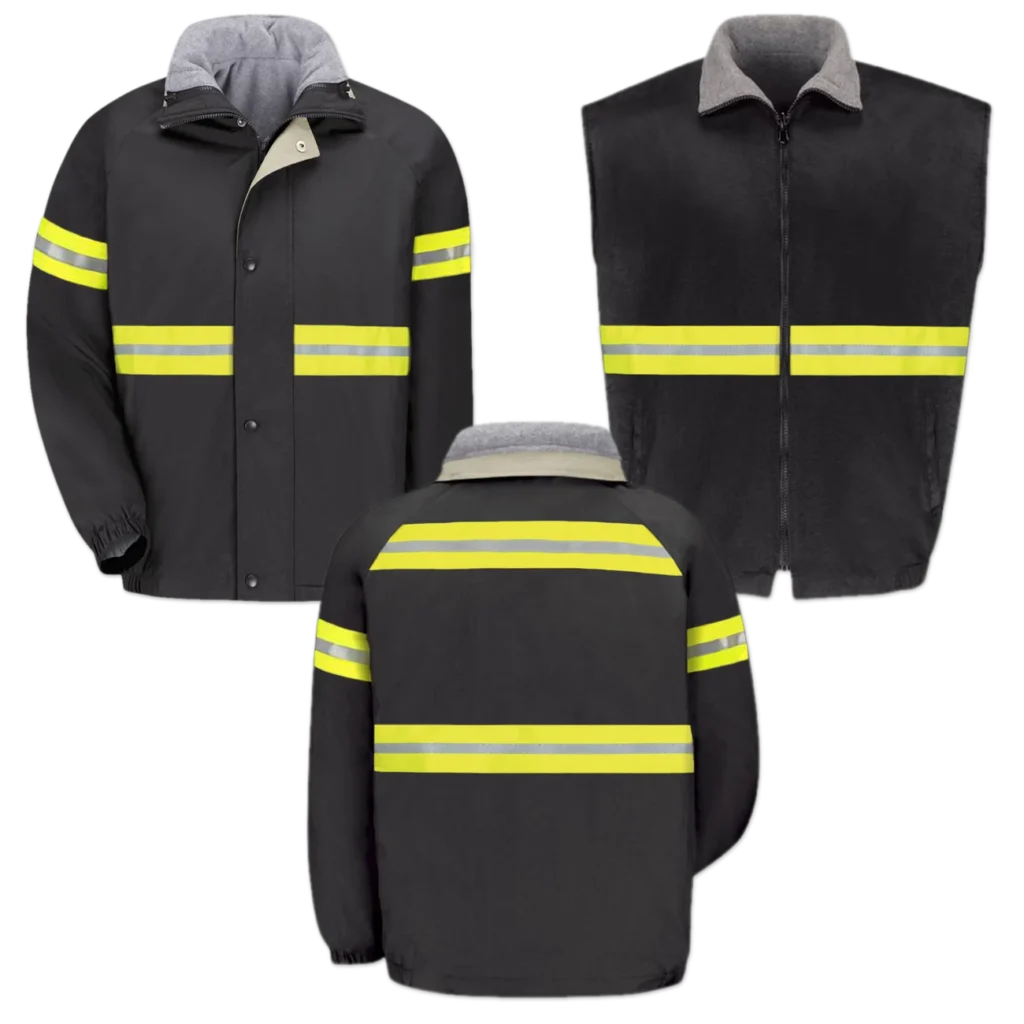 Hi Vis 2-in-1 Jacket Vest Combo Black with Green Reflective Tape for Outdoor Workers and Tow Truck Drivers