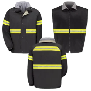 Hi Vis 2-in-1 Jacket Vest Combo Black with Green Reflective Tape for Outdoor Workers and Tow Truck Drivers