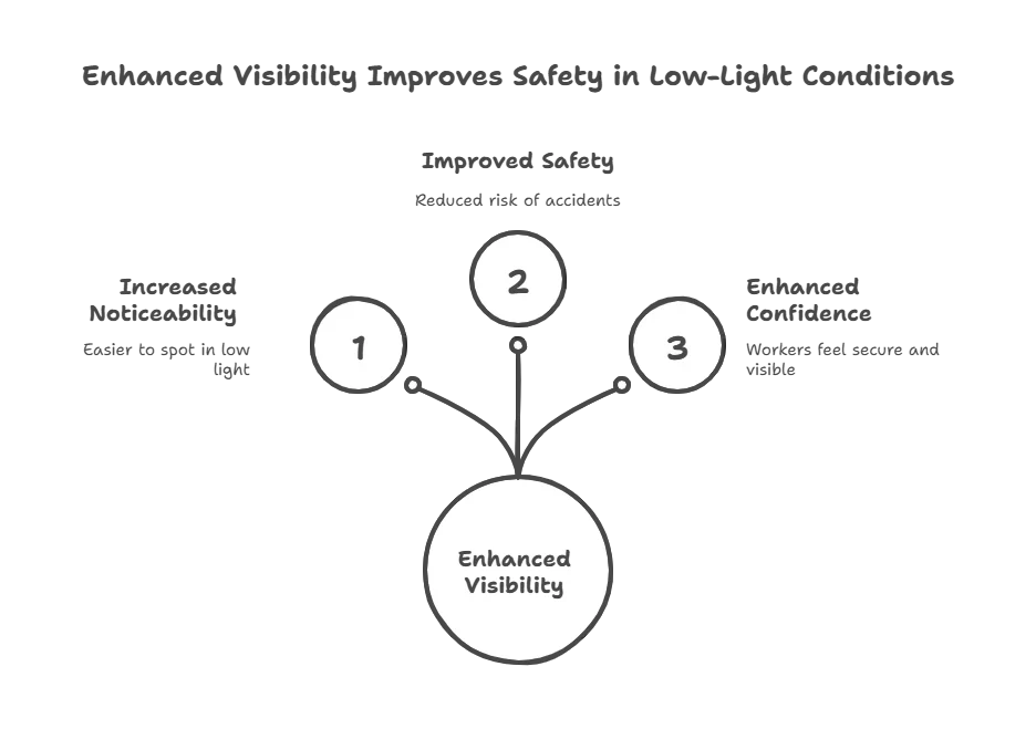 Diagram illustrating safety benefits of enhanced visibility clothing: increased noticeability, reduced accident risk, and enhanced worker confidence.