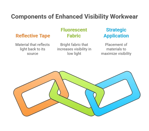 Graphic showing the three components of enhanced visibility workwear: Reflective Tape, Fluorescent Fabric, and Strategic Application.
