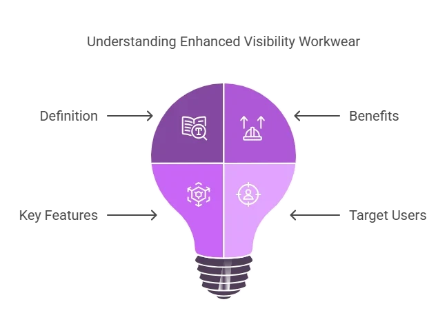 Infographic defining Enhanced Visibility Workwear: key features include reflective tape and fluorescent fabric, offering improved safety and noticeability for target users like delivery drivers and landscapers.