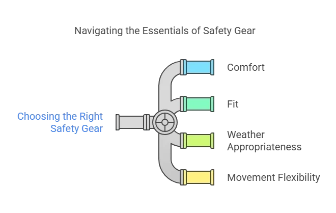 Diagram showing key factors for choosing safety gear: Comfort, Fit, Weather Appropriateness, and Movement Flexibility.