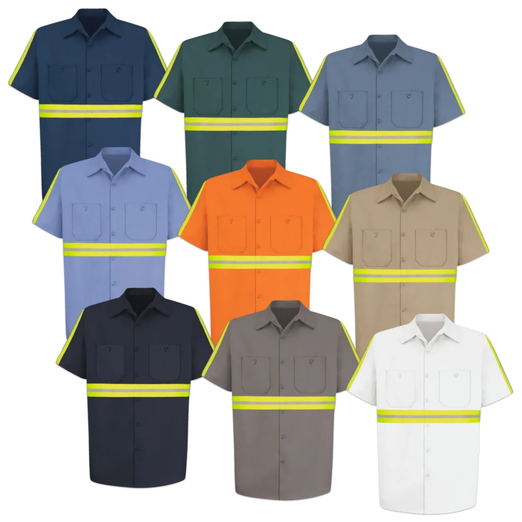 Collection Cotton Cotton Short Sleeve Work Shirt with Custom Sewn-On Green Reflective Tape - Enhanced Visibility by LilianaHiVis