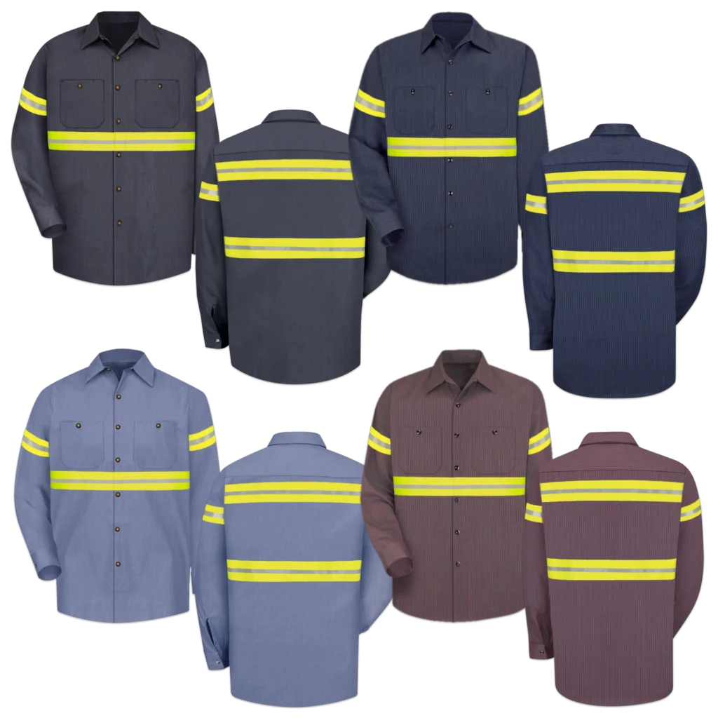 Collection of LilianaHiVis Enhanced Visibility Patterned Poplin Long Sleeve Work Shirts with Green Reflective Tape