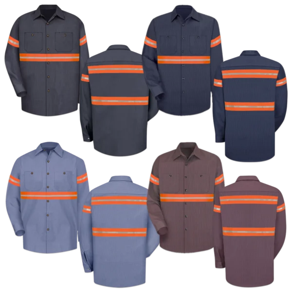 Collection of LilianaHiVis Enhanced Visibility Patterned Poplin Long Sleeve Work Shirts with Orange Reflective Tape