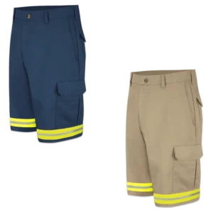 Collection of LilianaHiVis Enhanced Visibility 100% Cotton Cargo Work Shorts (Navy/Khaki) with Green Reflective Tape
