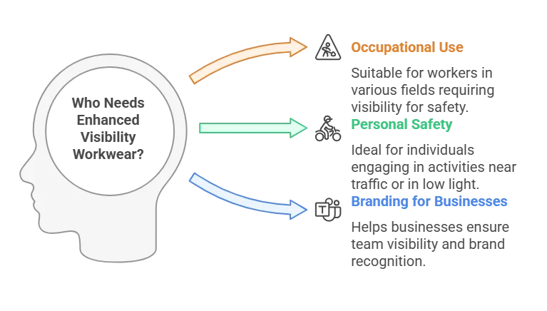 Infographic detailing who needs enhanced visibility workwear: Occupational users for safety, individuals for personal safety, and businesses for branding.