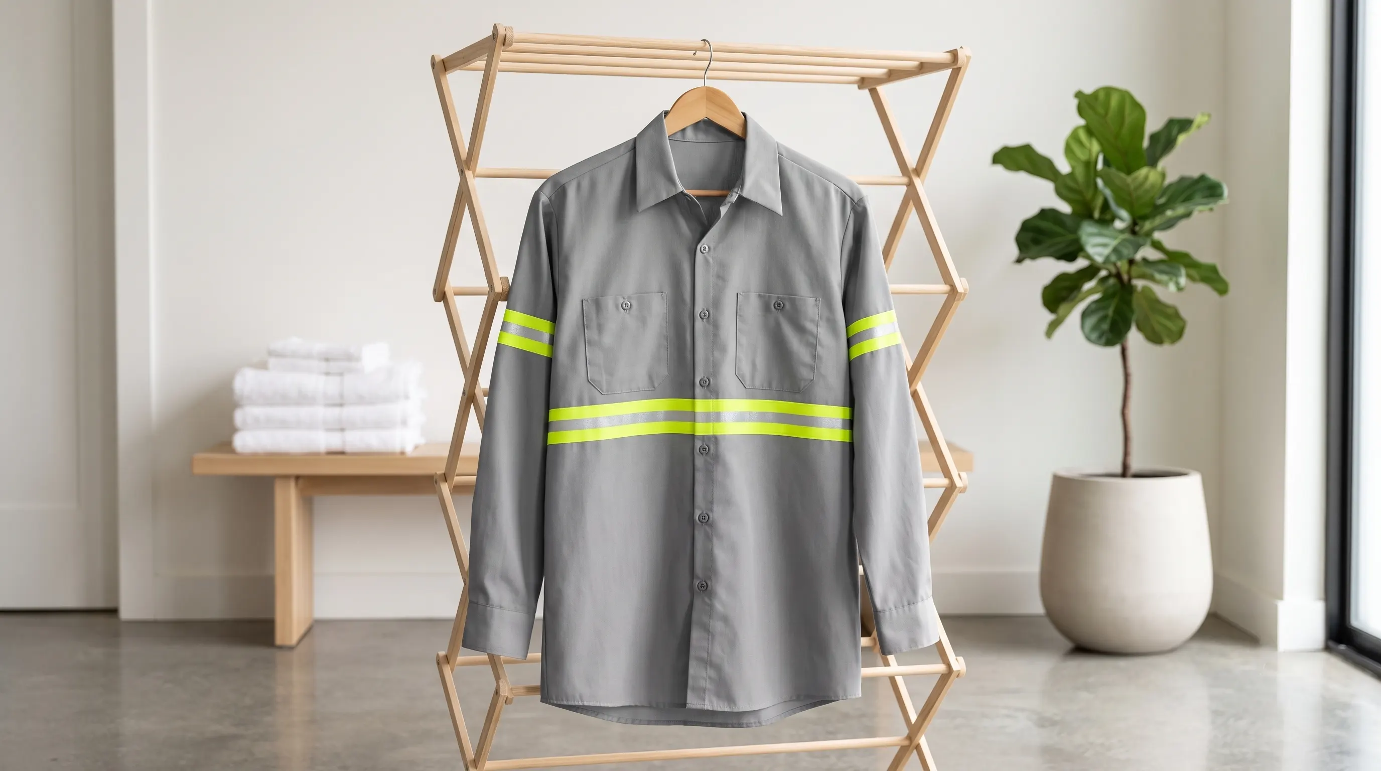 Clean safety lime green hi-vis work shirt with silver reflective tape hanging on a wooden indoor drying rack to air dry